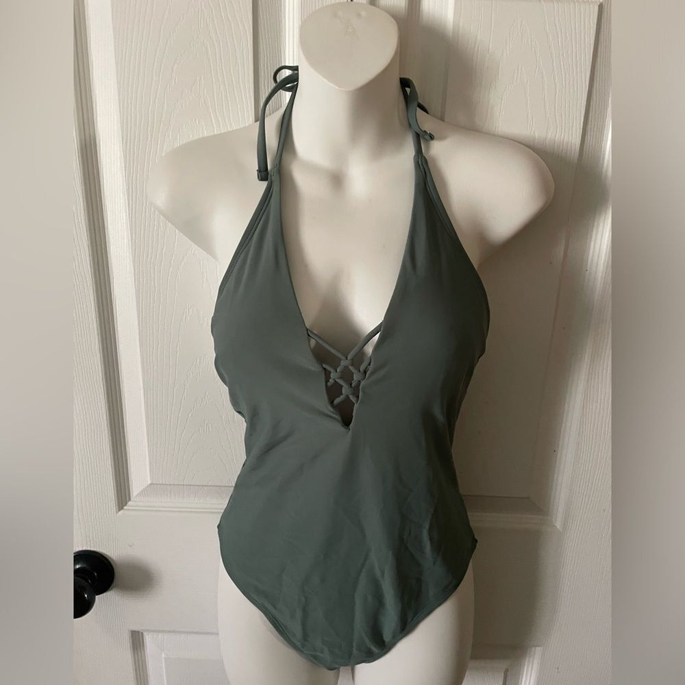 Xhilaration Green One Piece Swimsuit with Halter Neck and Criss-Cross Detail